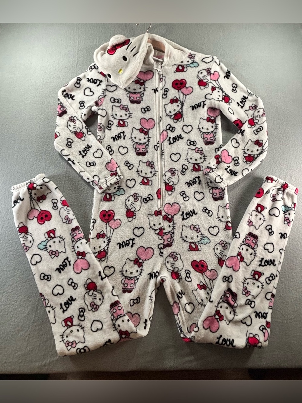 Hello Kitty White, Pink & Red Fleece Hooded One-Piece Pajama